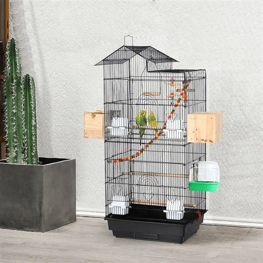 H Metal Large Roof Top Parrot Cage with Perches and Toys, Black