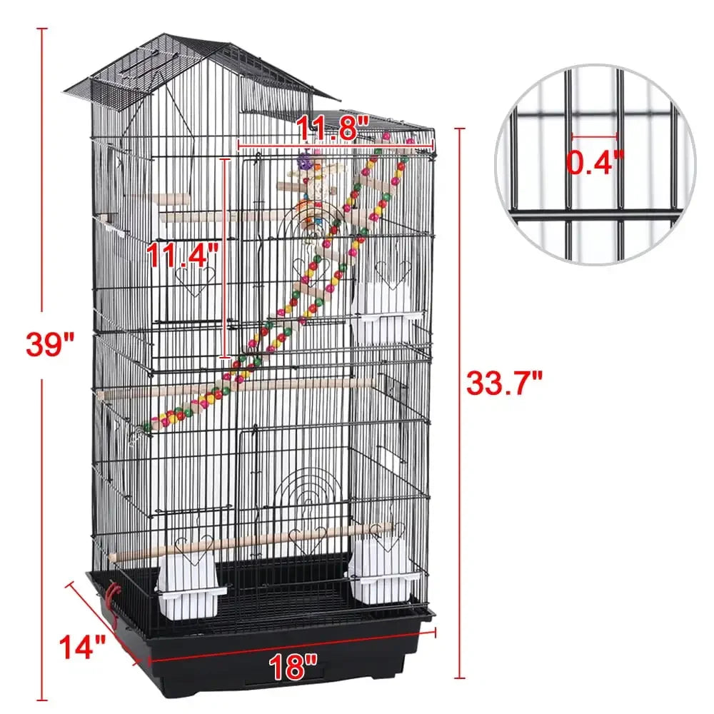H Metal Large Roof Top Parrot Cage with Perches and Toys, Black