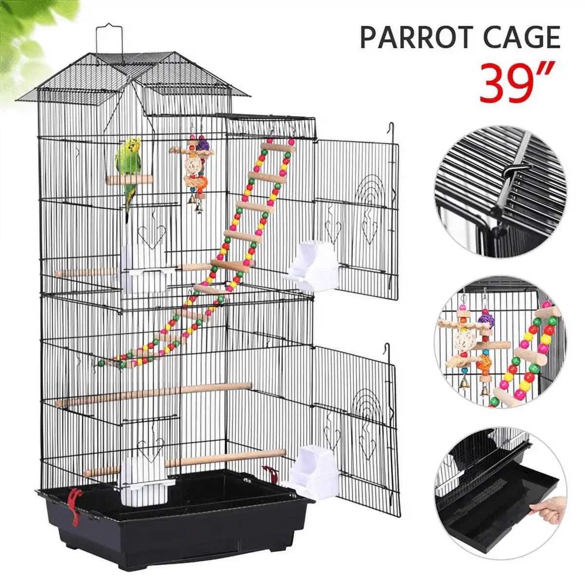 H Metal Large Roof Top Parrot Cage with Perches and Toys, Black