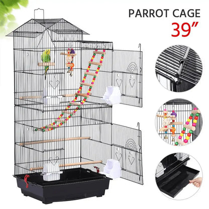 H Metal Large Roof Top Parrot Cage with Perches and Toys, Black