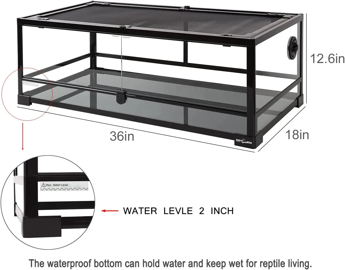 Full Glass 35 Gallon Reptile Tank, Front Opening Wide & Low Reptile Terrarium 36" x 18"x 12" for Lizard Gecko Tortoise Snake